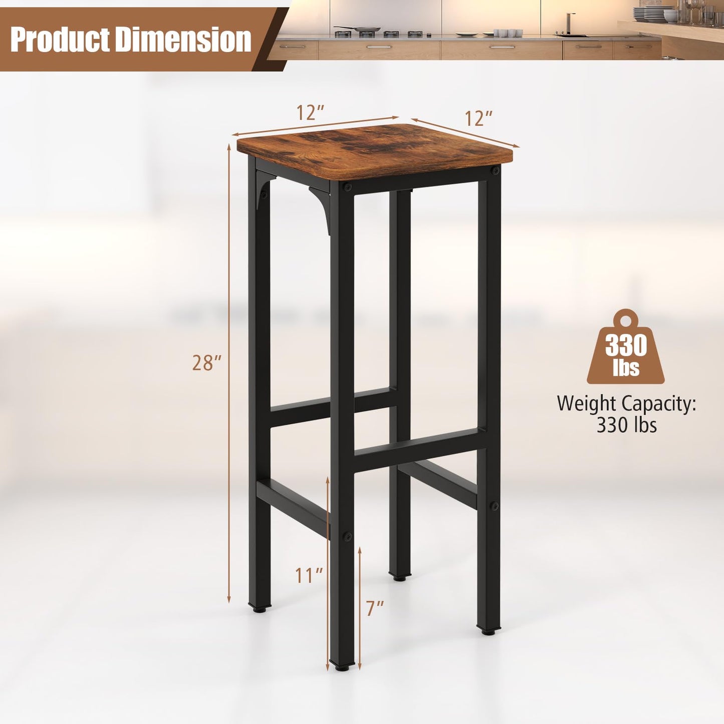 IFANNY Bar Stools Set of 2, 28" Bar Height Stools with Humanized Footrests & Metal Frame, Wood Counter Stool with Adjustable Foot Pads, Industrial Barstools for Kitchen Island, Dining Room (1)