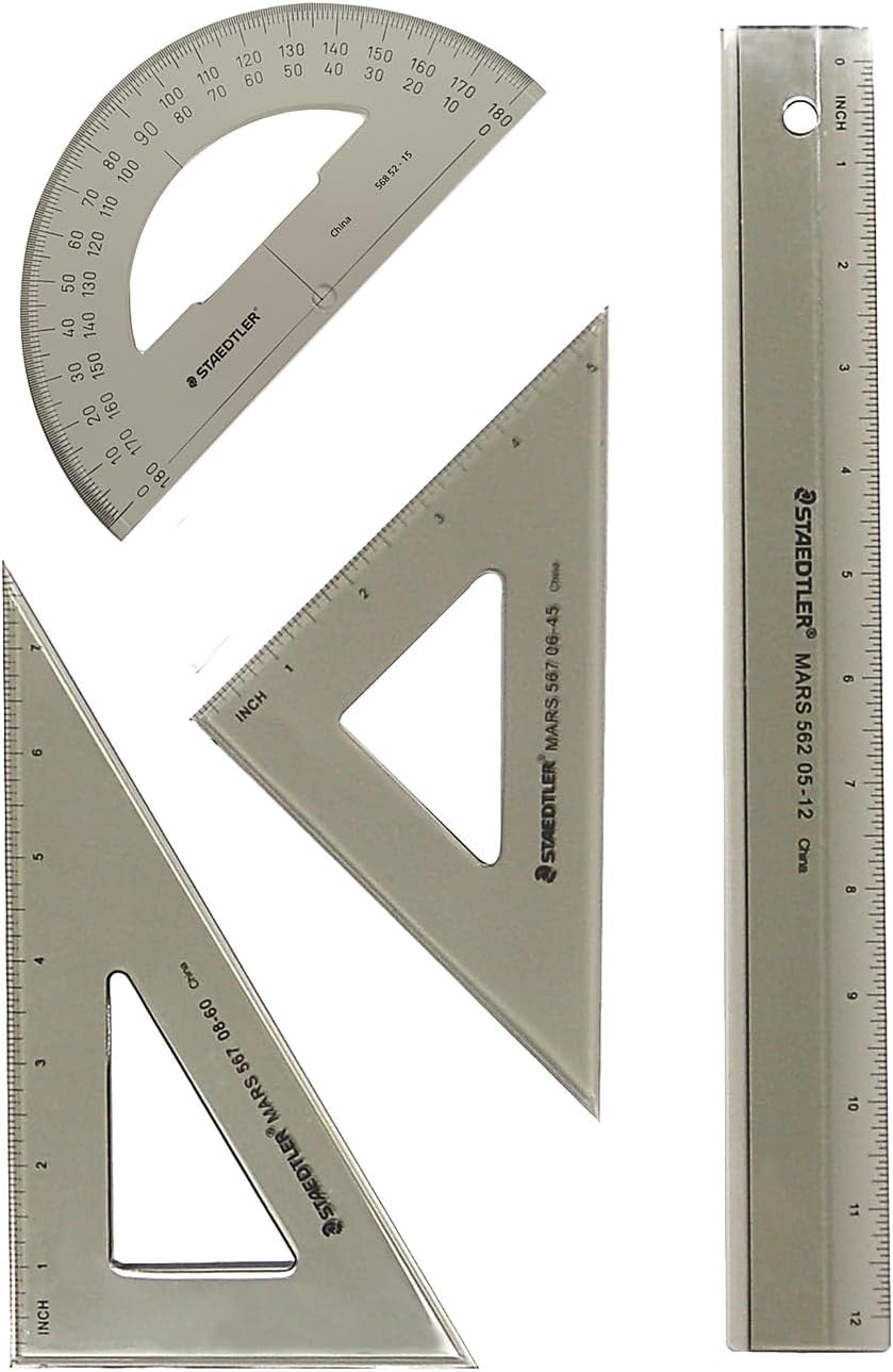 STAEDTLER College Combination Set - Triangle, Protractor & Ruler Set, Transparent Smoke Plastic with Beveled Edges, 4-Piece Set