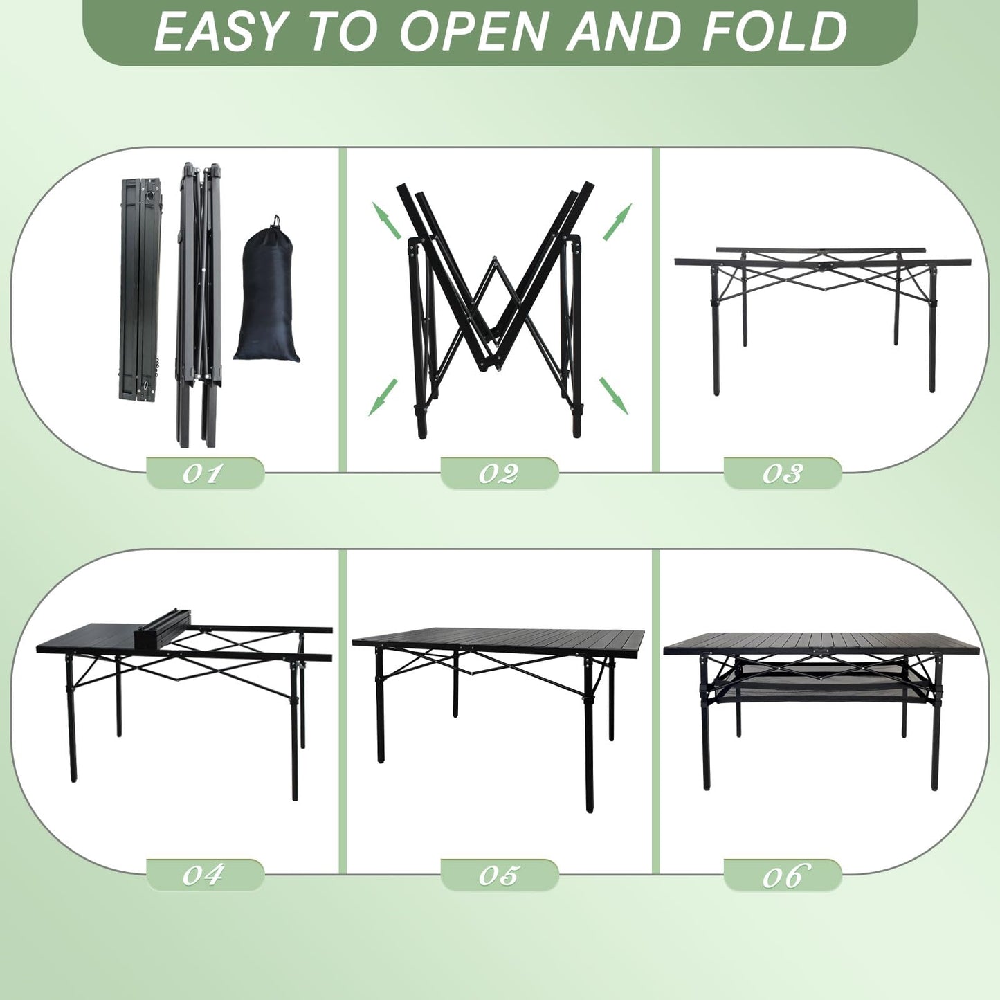 POEPORE Large Folding Camping Table Aluminum with Storage for 4-6 People 55"X27.5" Roll Up Tall Outdoor Portable Table Lightweight with Carry Bag for Picnic BBQ Backyard Beach