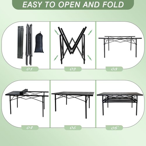 POEPORE Large Folding Camping Table Aluminum with Storage for 4-6 People 55"X27.5" Roll Up Tall Outdoor Portable Table Lightweight with Carry Bag for Picnic BBQ Backyard Beach