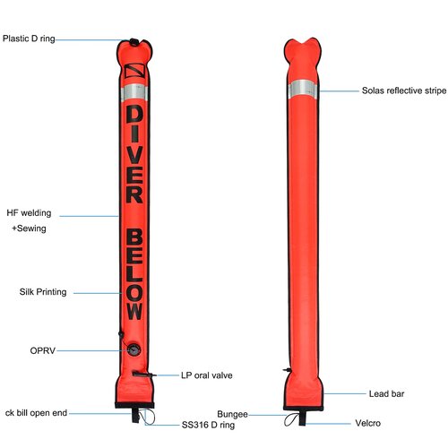 Luwint Surface Marker Buoy (SMB), 5ft Scuba Diving SMB Safety Sausage Signal Tube, Hi-Visibility Bright Orange Open Bottom Reflective Strip, 5ft Tall x 7in Width