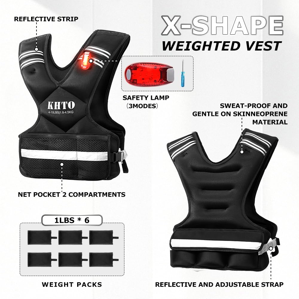 KHTO Adjustable Weighted Vest for Men and Women – X Shaped Weight Vest with Warning Light, Reflective Strip – Weighted Walking Vest Strength Training Weight Vests for Home, Gym (4-10lb)