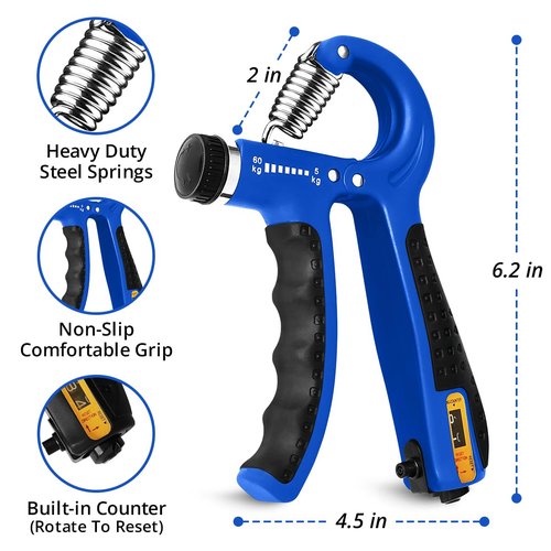 Hand Grip Strength Trainer with Adjustable Resistance 10-130lbs (4.5-59kg), Forearm Hand Grip Strength Exerciser for Muscle Building, Injury Recovery, and Therapy Stress Relief, Blue