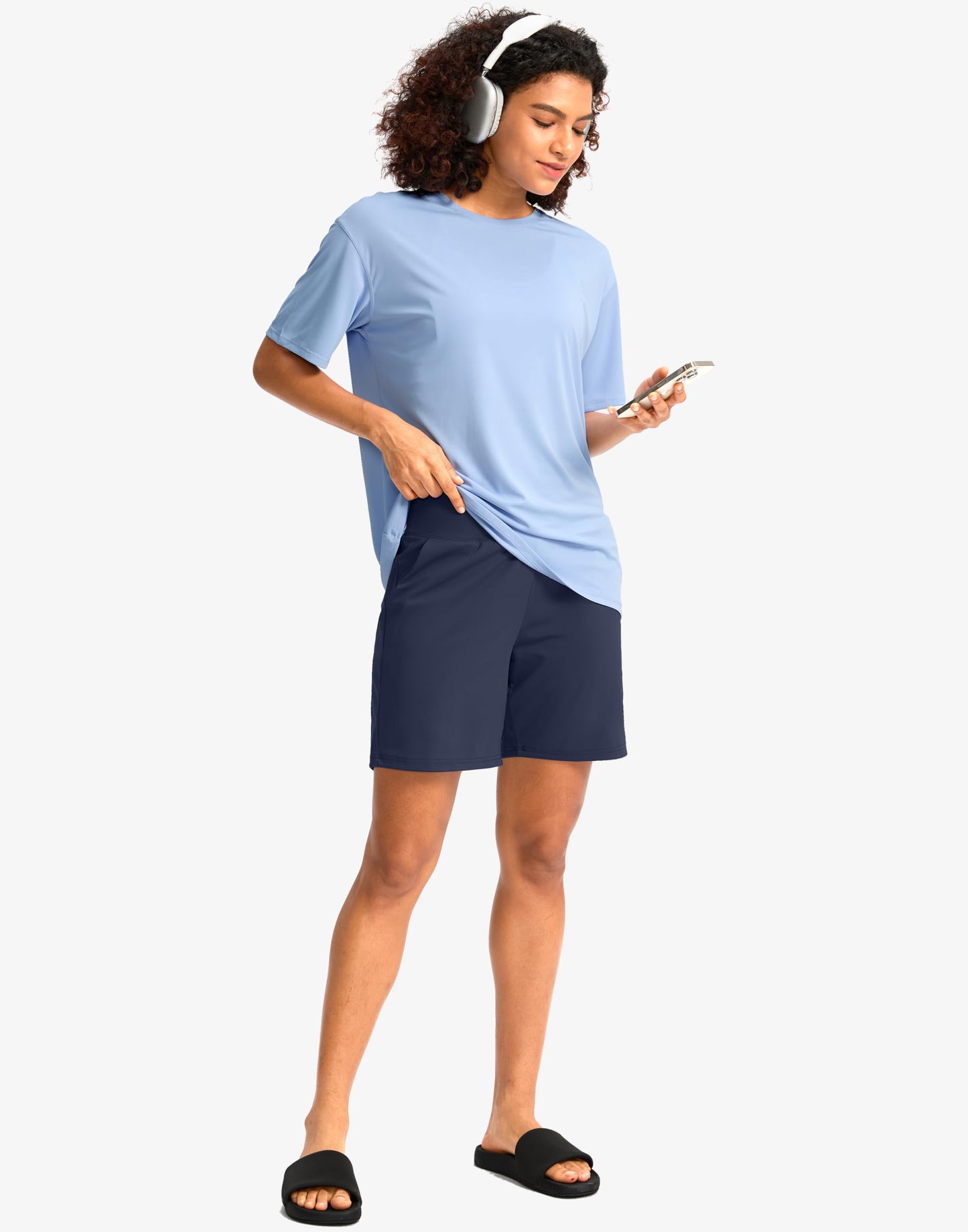 G Gradual Women's Bermuda Long Shorts with Pockets 7" High Waisted Knee Length Shorts for Women Walking Athletic Workout(Navy-L7,3XL)