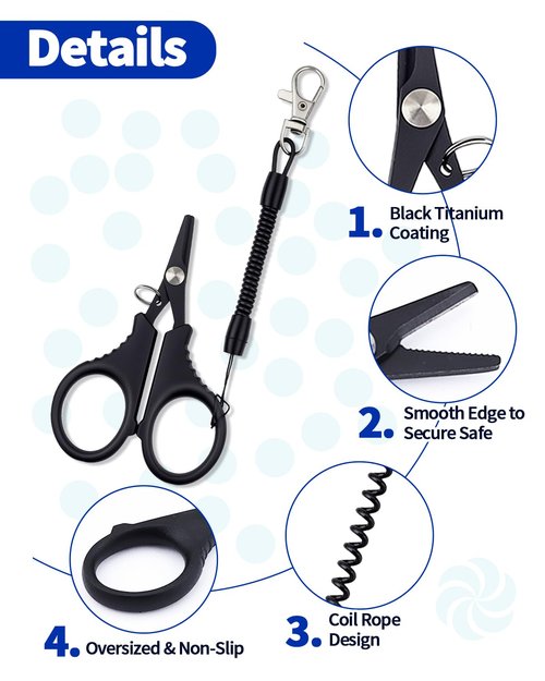 3 Pieces Fishing Scissors, Stainless Steel Fishing Line Cutter &braided Line Cutter, Cutters with Titanium Coating-Fishing with Hook and Retractable Coil Lanyards Fishing Accessories (Black)