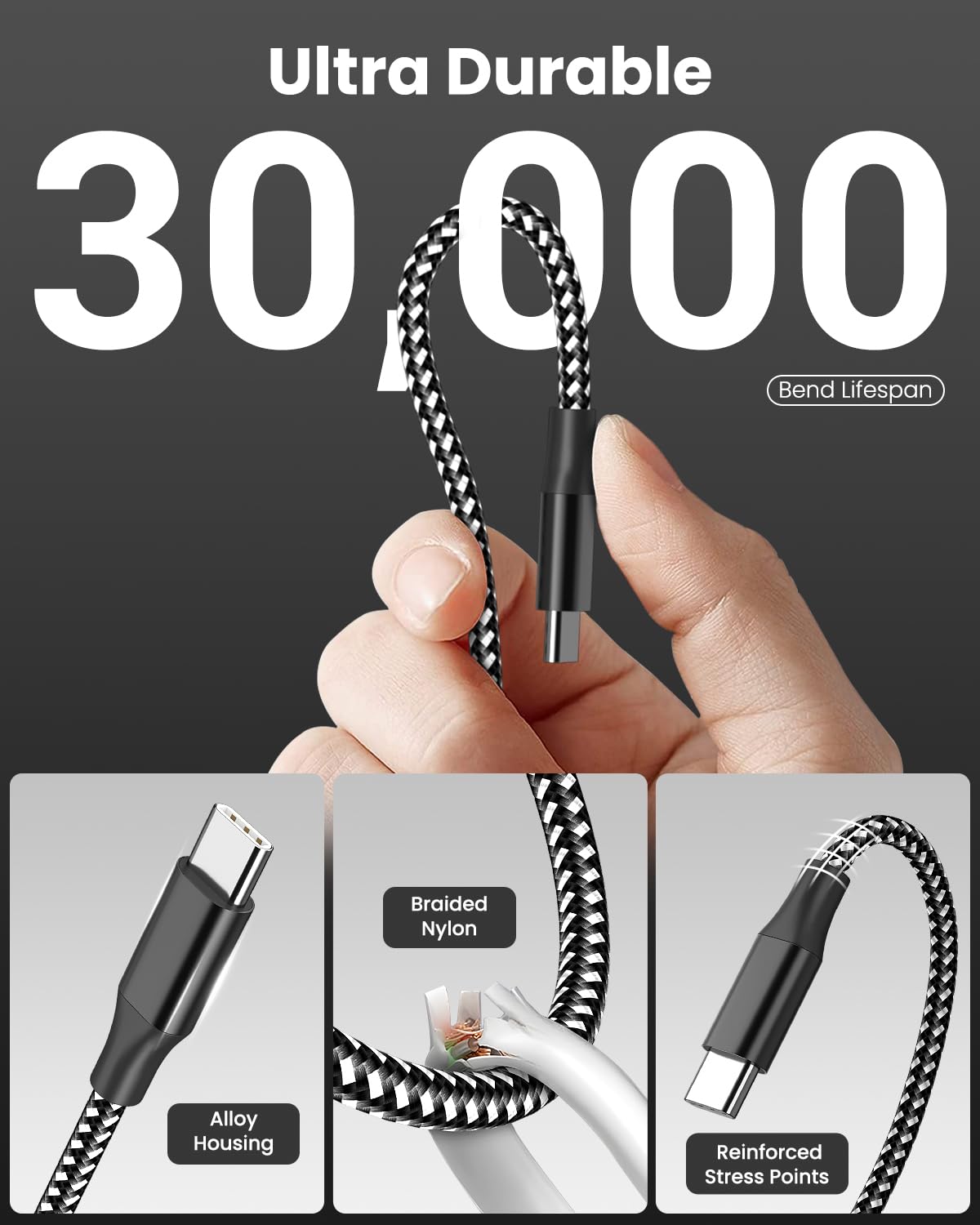 USB C Cable Fast Charging, 3 Pack 10FT USB C to USB C Cable, 60W Type C Nylon Braided Charger Cable for iPhone 16/15/iPad MacBook CarPlay and More-(Black White)