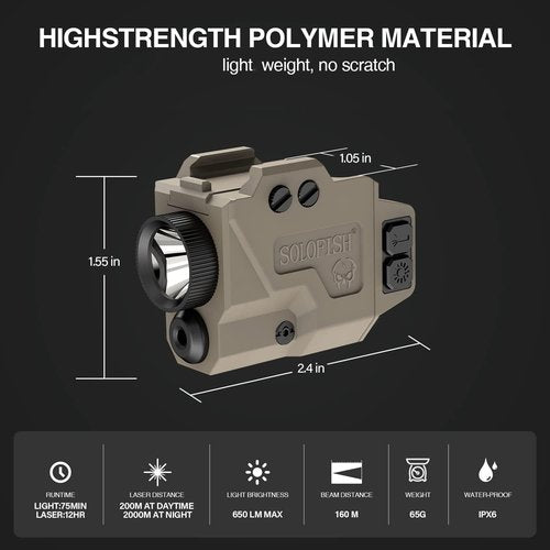 SOLOFISH 650 Lumens Pistol Light and Green Laser Combo, Strobe Function for Tactical Flashlight with Slidable Rail Fits Full Size Guns w/Rail, Magnetic Charging
