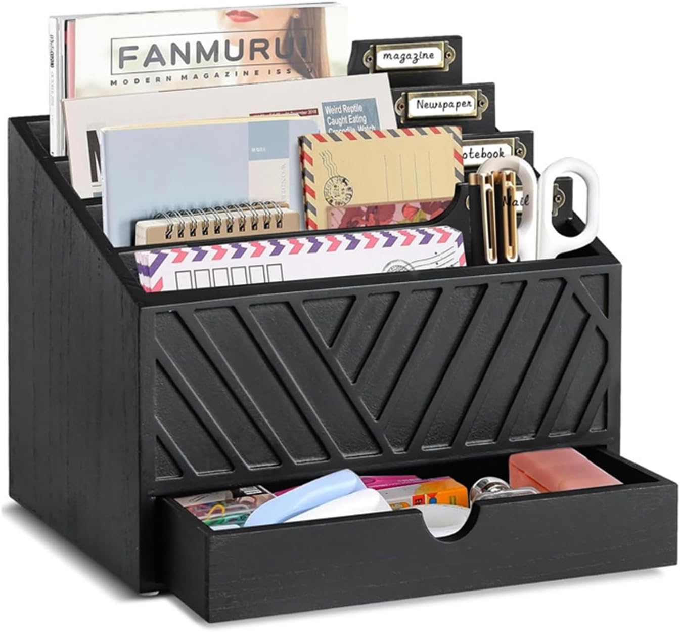Mail Organizer for Countertop with 4 Compartments and Drawer, Wood Desktop Mail Organizer for File Letter Paper Folder, Desk Drawer Organizer, Black