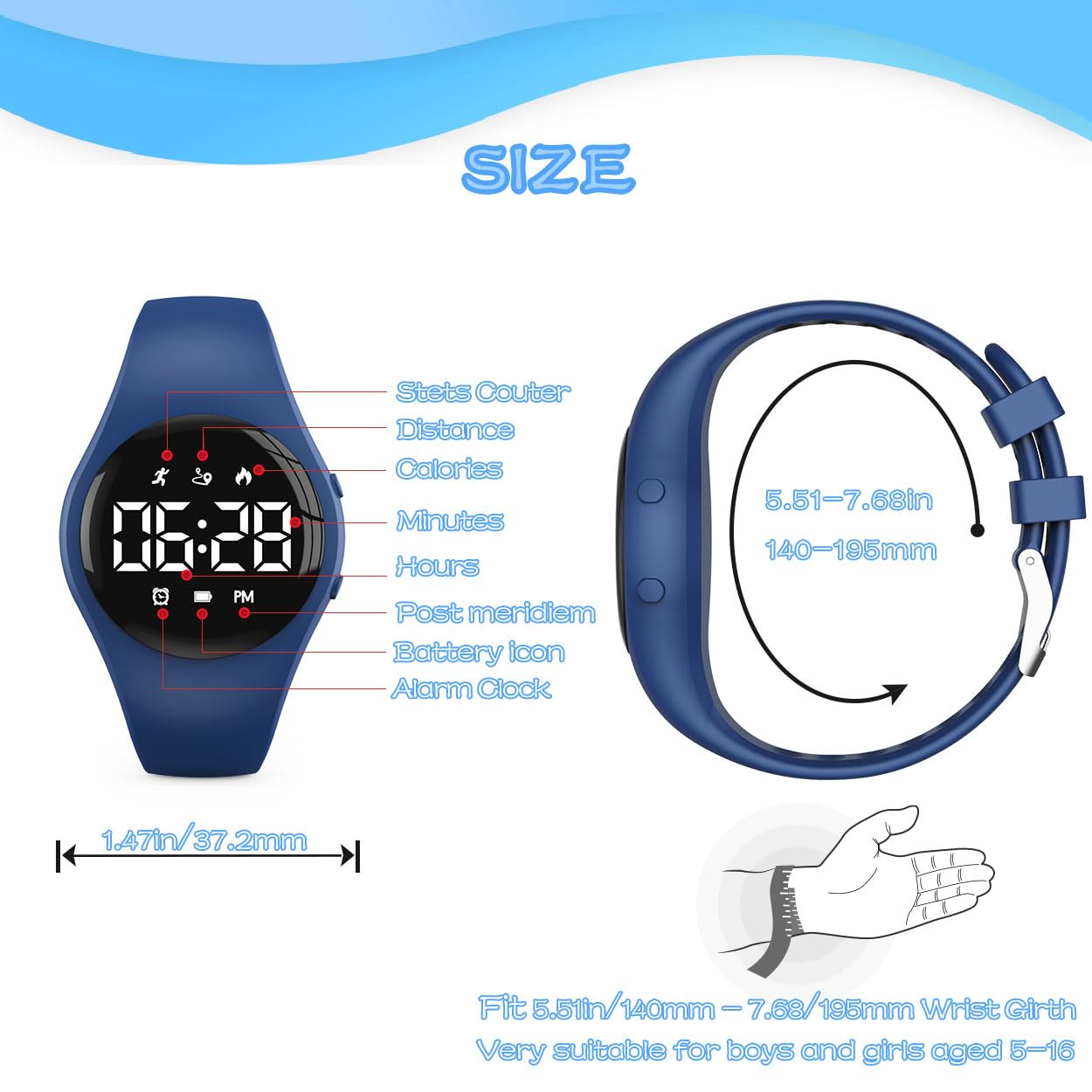 Kids Led Digital Pedometer Watch, Steps Counter, Waterproof Wristwatch, Vibrating Alarm Clock, Stopwatch, Great Gift for Kids Children Teens Girls Boys (Deepblue)