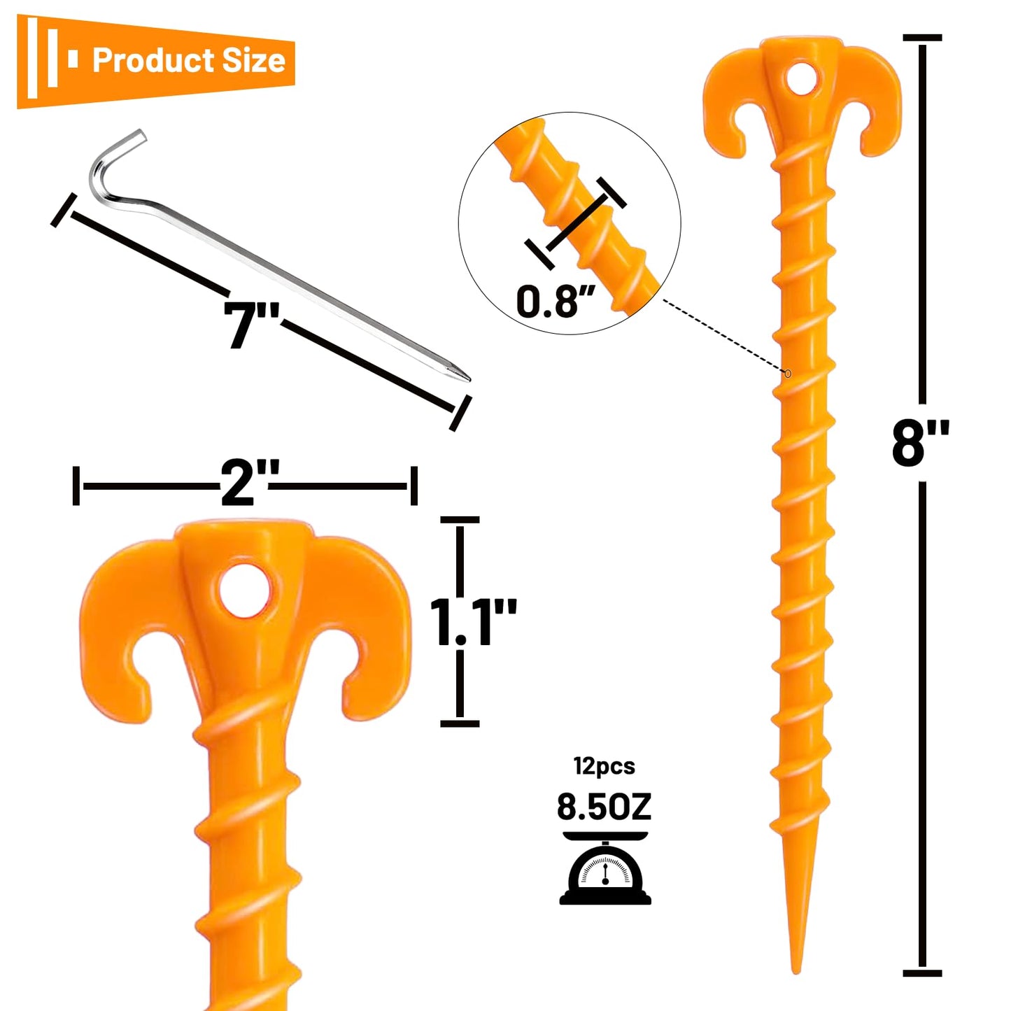 12pcs Tent Stakes,AVOFOREST 8 inch Heavy Duty Stakes Novelty Portable Gound Stakes for Beach,Garden,Hiking