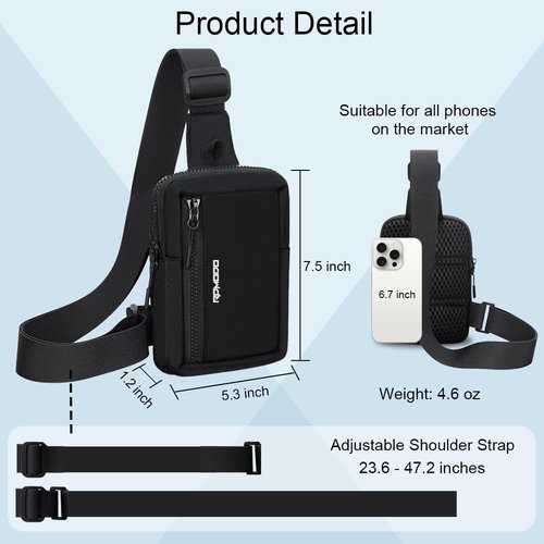 RDMODO Sling Bags for Men, Small Crossbody Bags for Women, Water Resistant Nylon Casual Chest Bag with Adjustable Strap, Lightweight Dual Pocket Shoulder Bag for Travel Walking Jogging (Black)