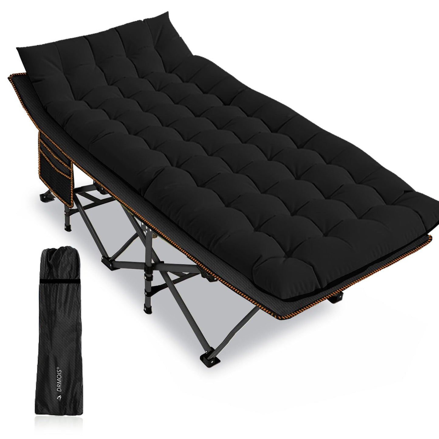 DRMOIS Camping cots, Oversized 32inch Width Portable Foldable Outdoor Bed for Adults Kids, Cot for Traveling Gear Supplier, Office Nap,Support 900 lbs-with Sleeping Pad Mattress-Black, XXL Size