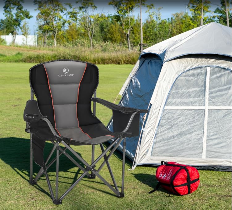 Oversized Folding Camping Chair for Adults, Heavy Duty Portable Lawn Chairs with Cooler Bag, Side Pocket & Cup Holder, Folding Chairs for Outside Support 450 LBS Outdoor Chair