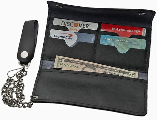 Bi-Fold Black Biker Wallet - 8x4 Inch Genuine Leather for Men