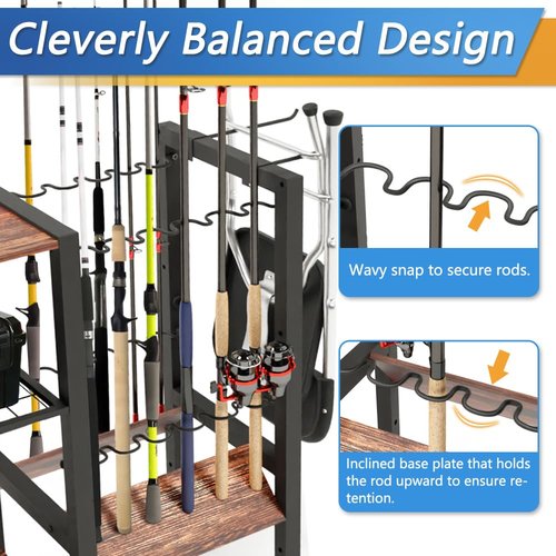 Dobures Fishing Rod Holder, 3-Tier Fishing Pole Rack, Fishing Equipment Organizer Tackle Storage Cart for Garage Organization, Holds up to 12 rods