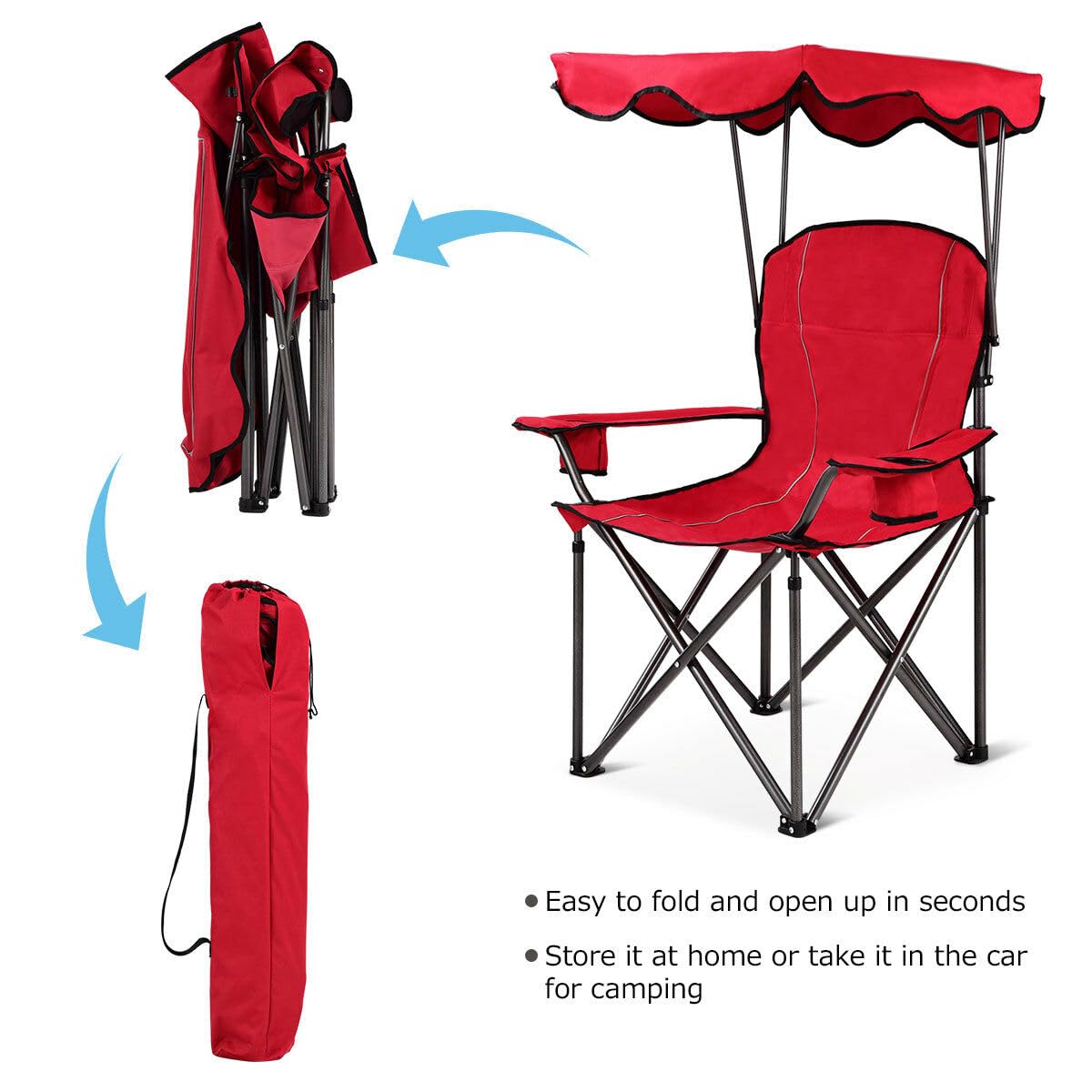 COSTWAY Portable Camping Chair with Canopy, Outdoor Lawn Chair with Shade, Carry Bag, Cup Holder, for Travel, Picnic, Beach (Red)