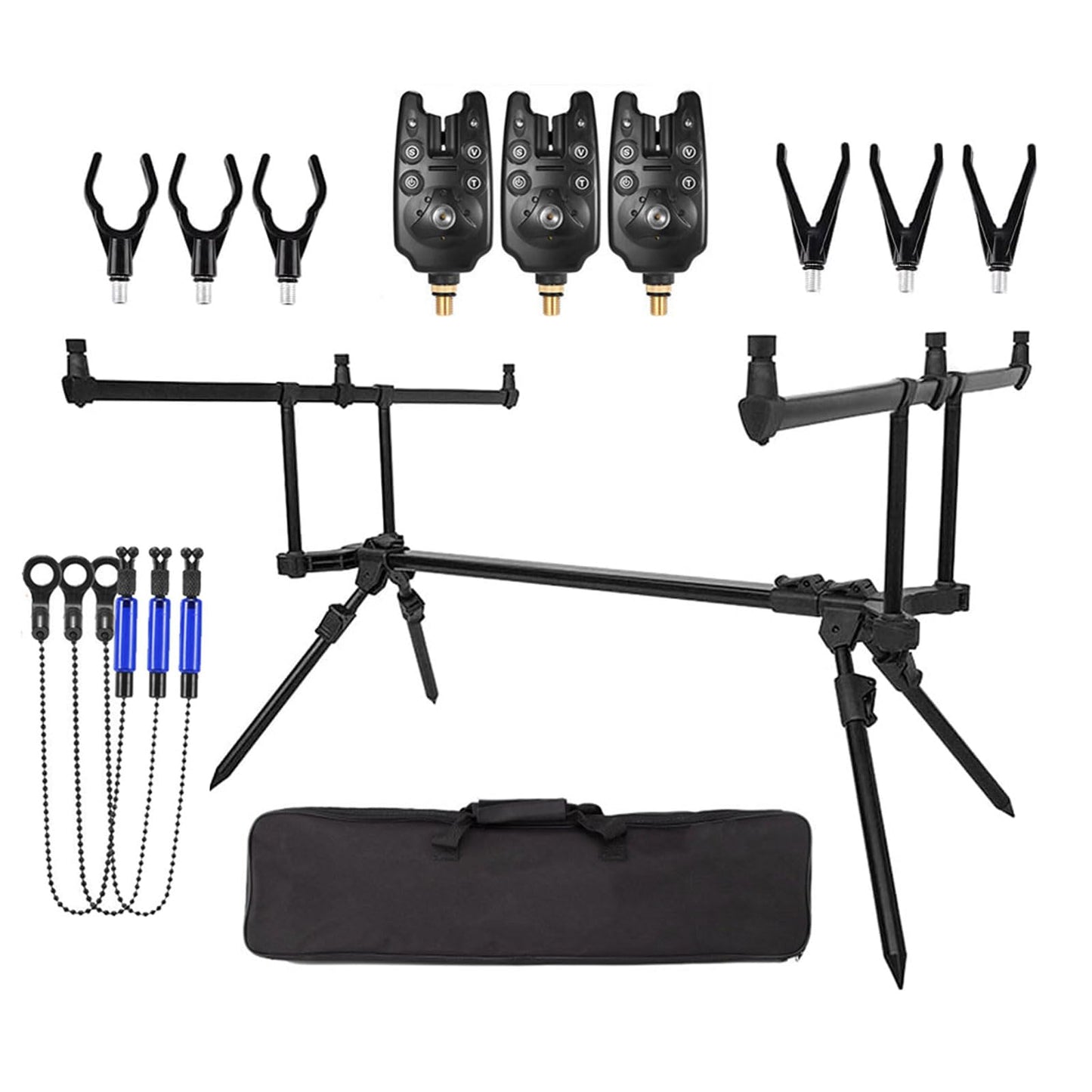 Tiandirenhe Adjustable Retractable Carp Fishing Rod Stand Holder, Fishing Rod Pod Carp Stand with 3 Bite Alarms 3 PCS Bait Swinger Tackle Set Accessories