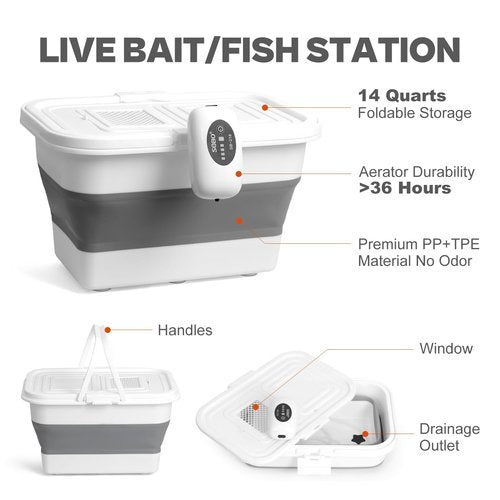 VEYWANE Live Bait or Fish Bucket with Aerator, 14 Quarts Multi-Function Collapsible Fishing Container Box with Rechargeable Air Pump