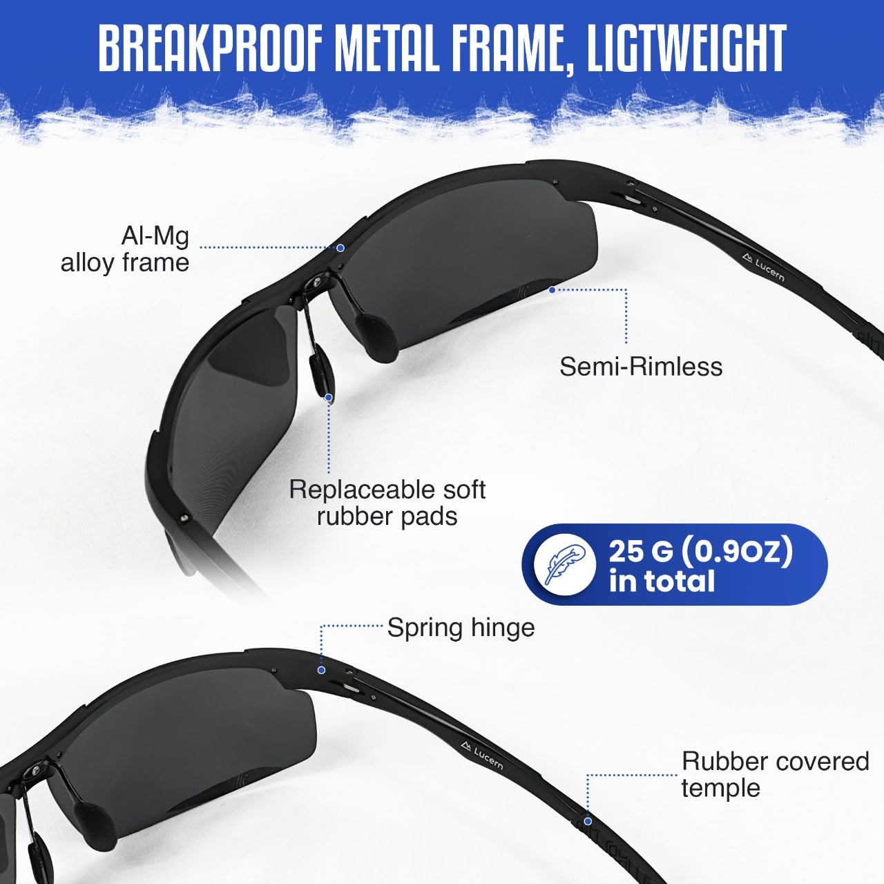 Lucern Unbreakable Polarized Sports Sunglasses, Breakproof Lens, Metal Frame, 100% UV Protection, HD Clarity, Lightweight 25 g (0.9 oz), Stylish, Comfortable, Adjustable Fit