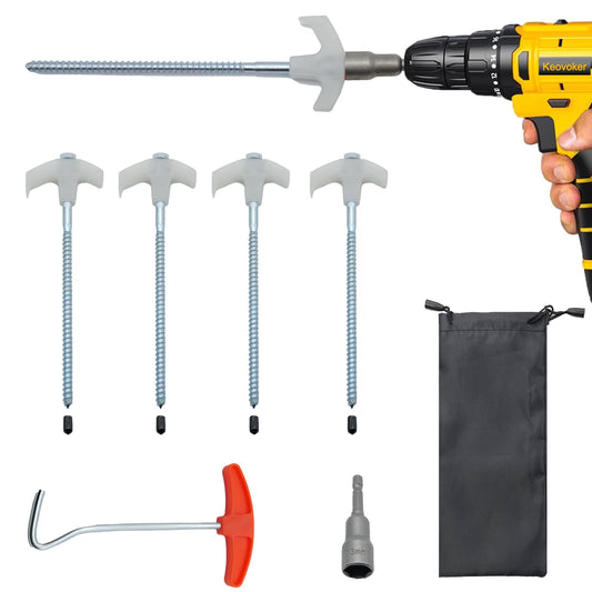 Keovoker 4 Pack Tent Stakes-8” Drill in Heavy Duty Ground Pegs, Screw in Camping Stake with Hex Head Driver, Spikes Puller, Protector in a Carrying Bag, for Hiking, Hammocks, Glow in Dark