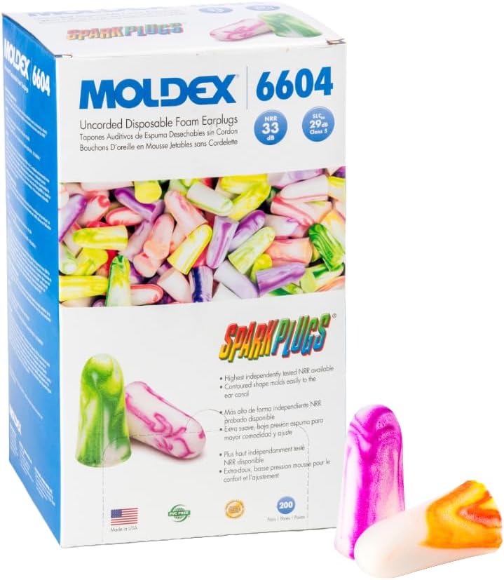 Moldex SparkPlugs® Corded Soft Foam Earplugs – Comfortable Disposable Ear Plugs for Hearing Protection, Noise Reduction, NRR 33dB, Individually Wrapped, 100 Pairs, 6654