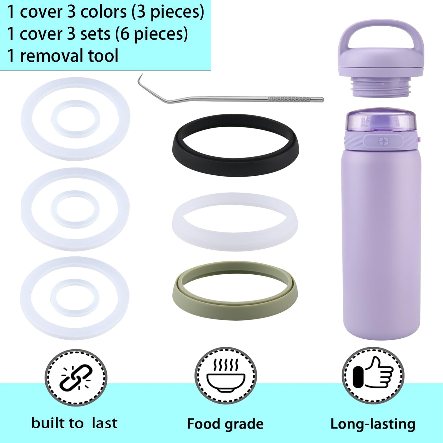 (3 Sets) ubber Seal Replacement for Ello Water Bottle,Seal Gasket for Ello Cooper 18oz/22oz/32oz/40oz Bottle Leak Proof Insulated Travel Tumbler (Without Water Bottle Mouth) (9, 3 Colors)