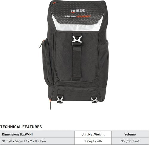 Mares Cruise Journey Backpack, Casual Air Traveling Diving Equipment Gear Bag w/Padded Shoulder Straps, 35-Liter Capacity