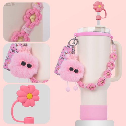 6PCS Use for Stanley Cup Tumbler Accessories 40oz 30oz,Compatible with Stanley Cup Tumbler Water Bottle Handle Sling Strap for Carrying (pink)