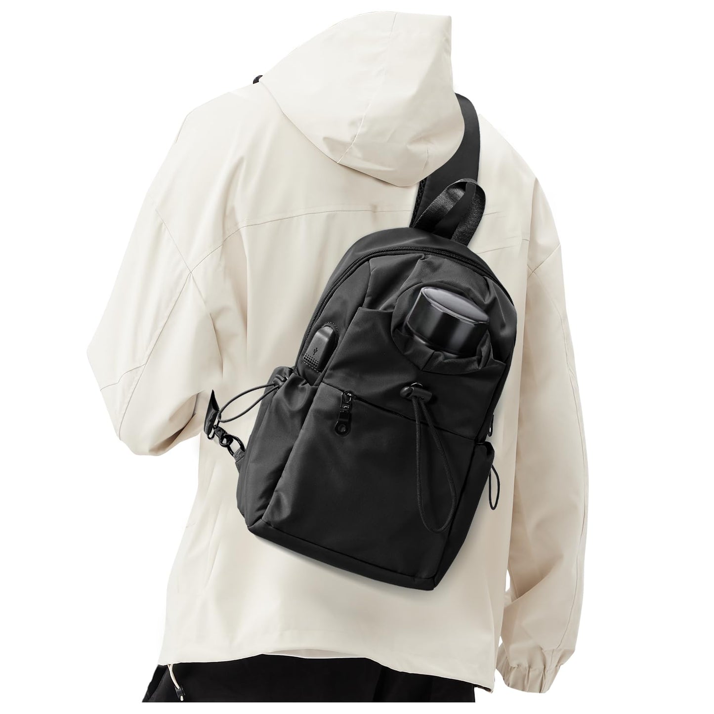 Black Sling Crossbody Bag for Men Women, Tactical Backpack Shoulder Daypack Mini Anti-Theft Cross Body Motorcycle Chest Bags, Small One Strap Fanny Back Pack for Casual Travel Hiking Sport Gym