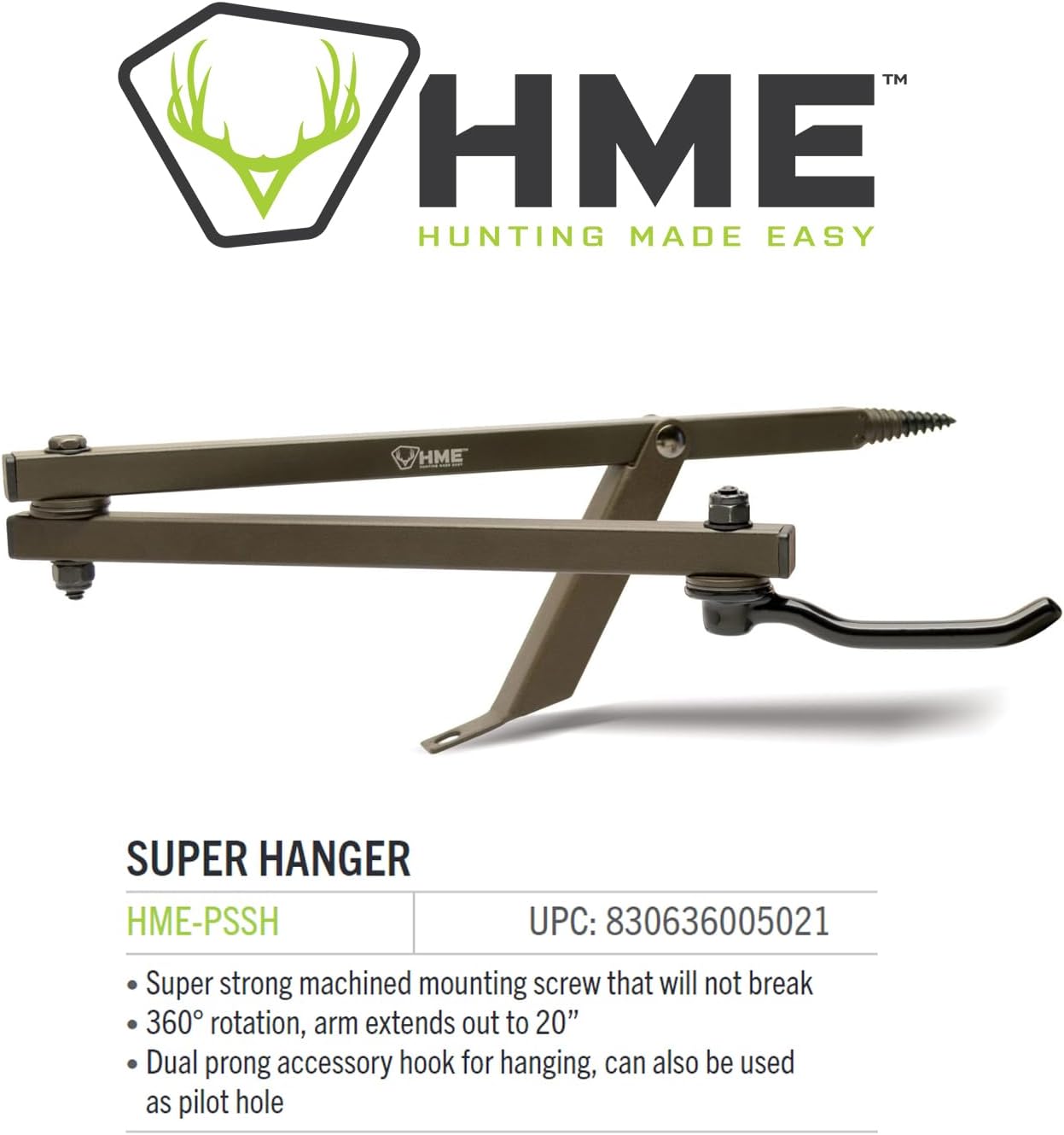 HME Easy-to-Attach Secure Tree Stand Pro Series Super Bow Hanger w/Usual and Dual-Prong Accessory Hooks, Super-Strong Machined Mounting Screw