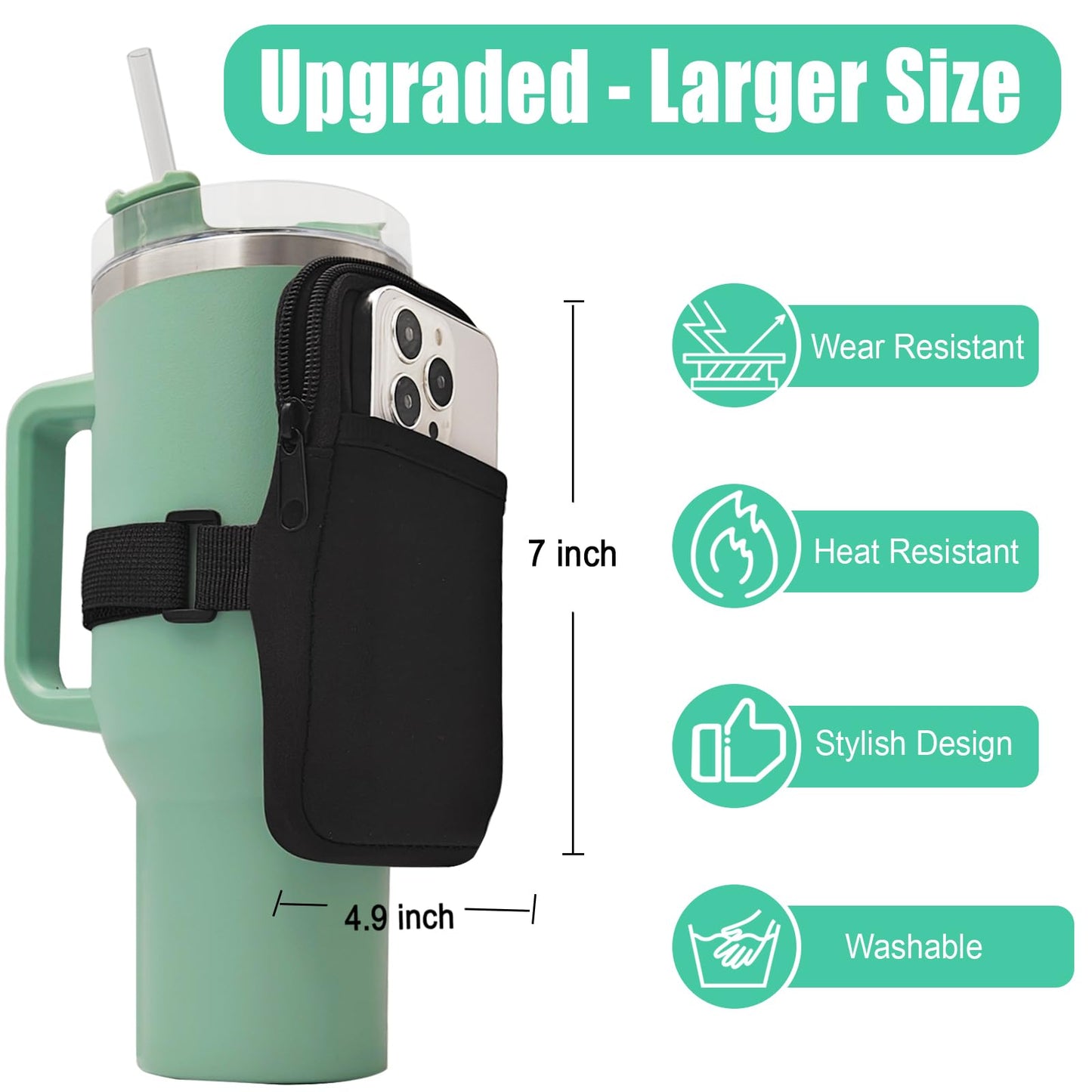 LMYUHONG Water Bottle Pouch for Stanley Cup Accessories 40oz 20oz 30oz,Tumbler Pouch with Versatile Pocket, for Cards, Keys,Earphone. Fits for Phones, Use for Running, Walking, Hiking & Biking,Black