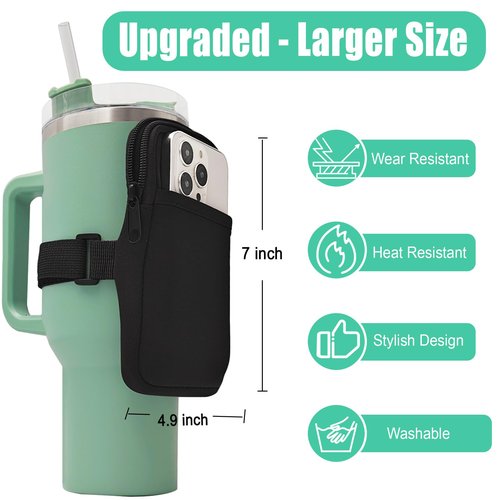 LMYUHONG Water Bottle Pouch for Stanley Cup Accessories 40oz 20oz 30oz,Tumbler Pouch with Versatile Pocket, for Cards, Keys,Earphone. Fits for Phones, Use for Running, Walking, Hiking & Biking,Black