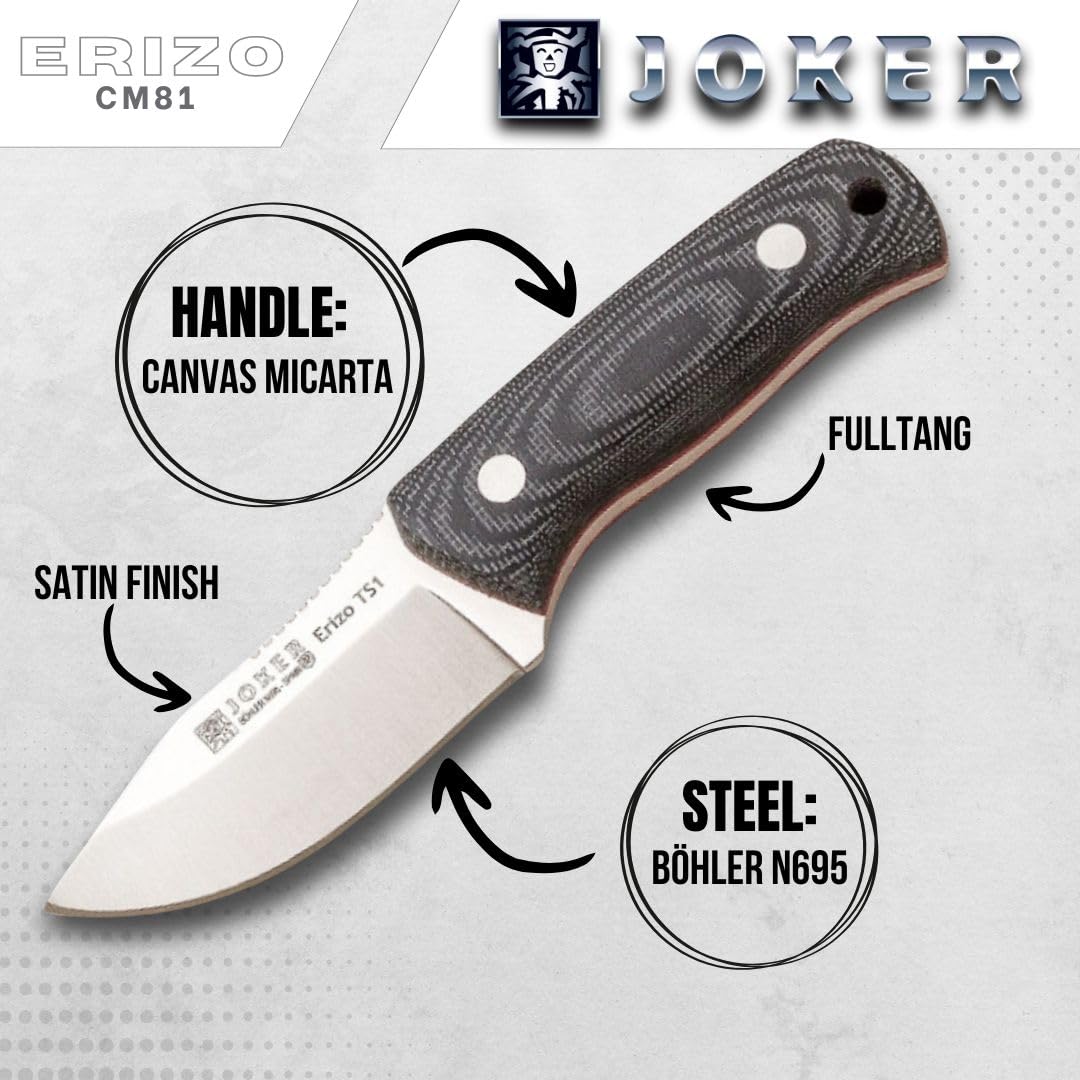 Joker "Erizo TS1 Sports Survival Knife, 2.95-inch Blade, Includes Kydex Sheath, 550 Paracord, Fishing, Hunting, Camping, and Hiking Tool (BLACK MICARTA, KYDEX SHEATH)