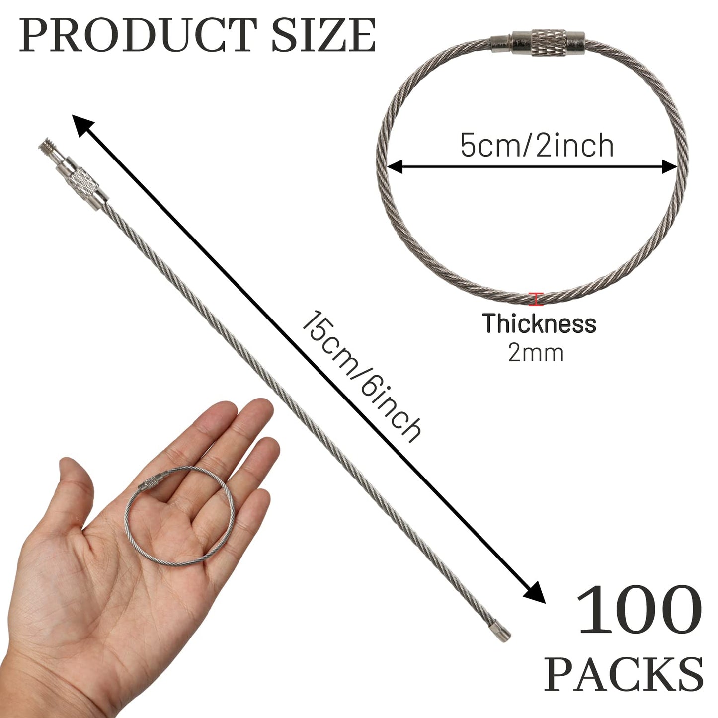 Ira Pollitt 100 Pieces 6 Inch Wire Keychain Cable 2mm Twist Barrel Stainless Steel Key Rings Loop Wire Cable Braided Steel Key Chain Heavy Duty Luggage Tags Loops Tag Keepers