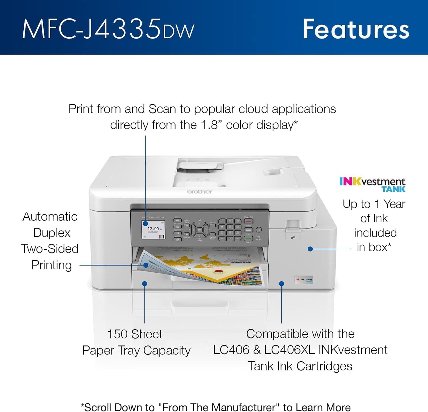 Brother MFC-J4335DW INKvestment Tank Wireless All-in-One Color Inkjet Printer, Up to 1-Year of Ink in-Box, Duplex Printing, Mobile and Cloud Print, Works with Alexa