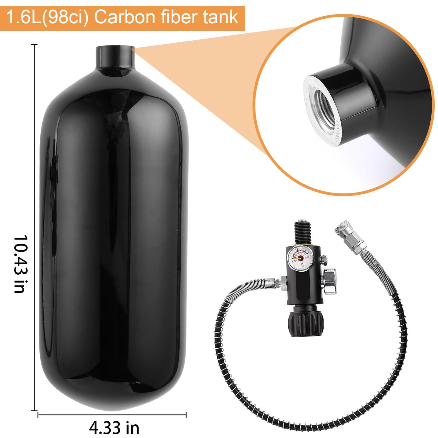Orcair Discounted DOT 98ci/1.6L Carbon Fiber Tank with Dual Gauge Valve,PCP Tank 4500 psi,Complete PCP Airgun Charging System Lightweight Paintball Fill Station