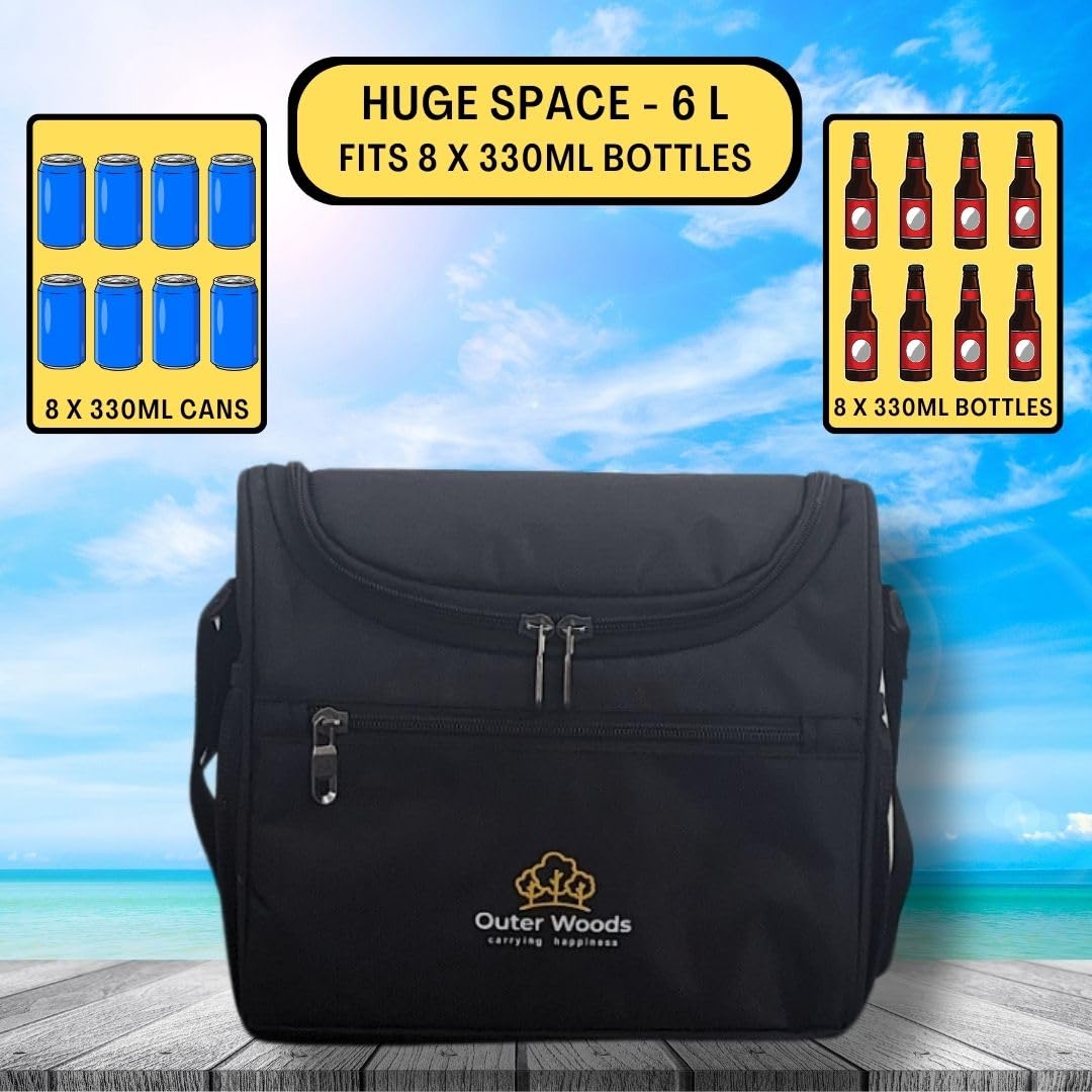 Outer Woods Insulated 8 Pint Bottle Bag, Fits 8 x 330 ml Pint Bottles, 6 to 8 Hours Cooling, Includes 4 Ice Gel Packs, Black