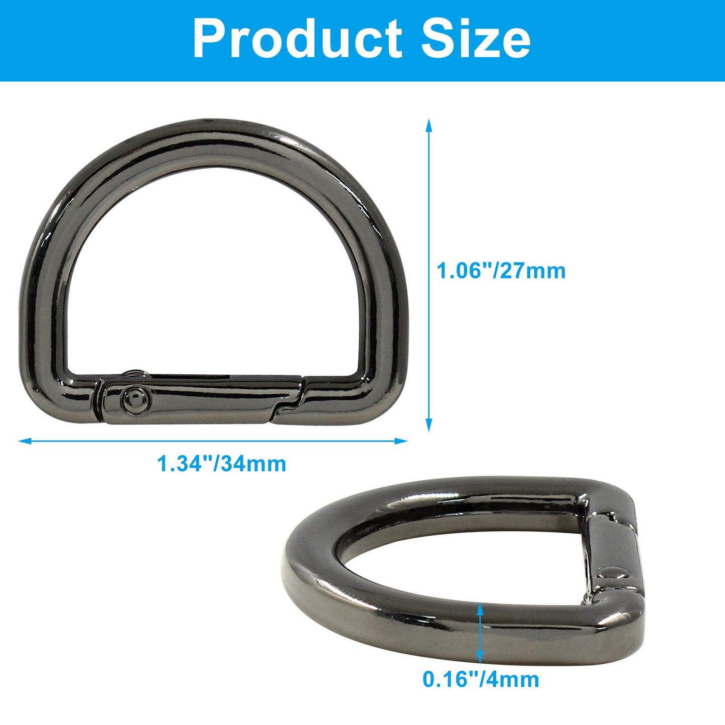 Jiozermi 10 Pack Black Metal Spring D Rings Keychain, Small D Ring Carabiner Clips Mini Keychain Spring D Rings Hook for Key Purse Dog Tag Clip Backpack Clips Webbing Buckle(1 Inch)