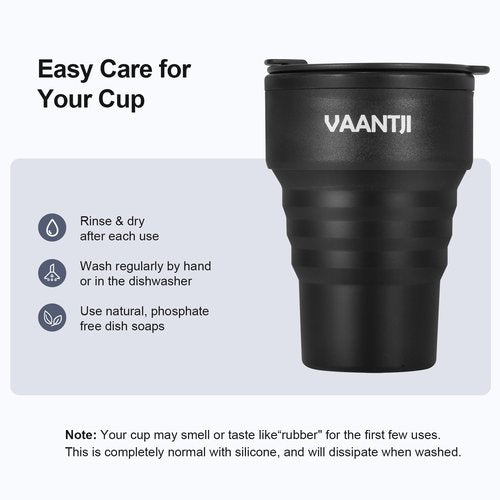 VAANTJI Travel Reusable Silicone Collapsible,13 oz/375 ml,Collapsible Travel Mug,Collapsible Cup for Hot and Cold Drinks (Black)