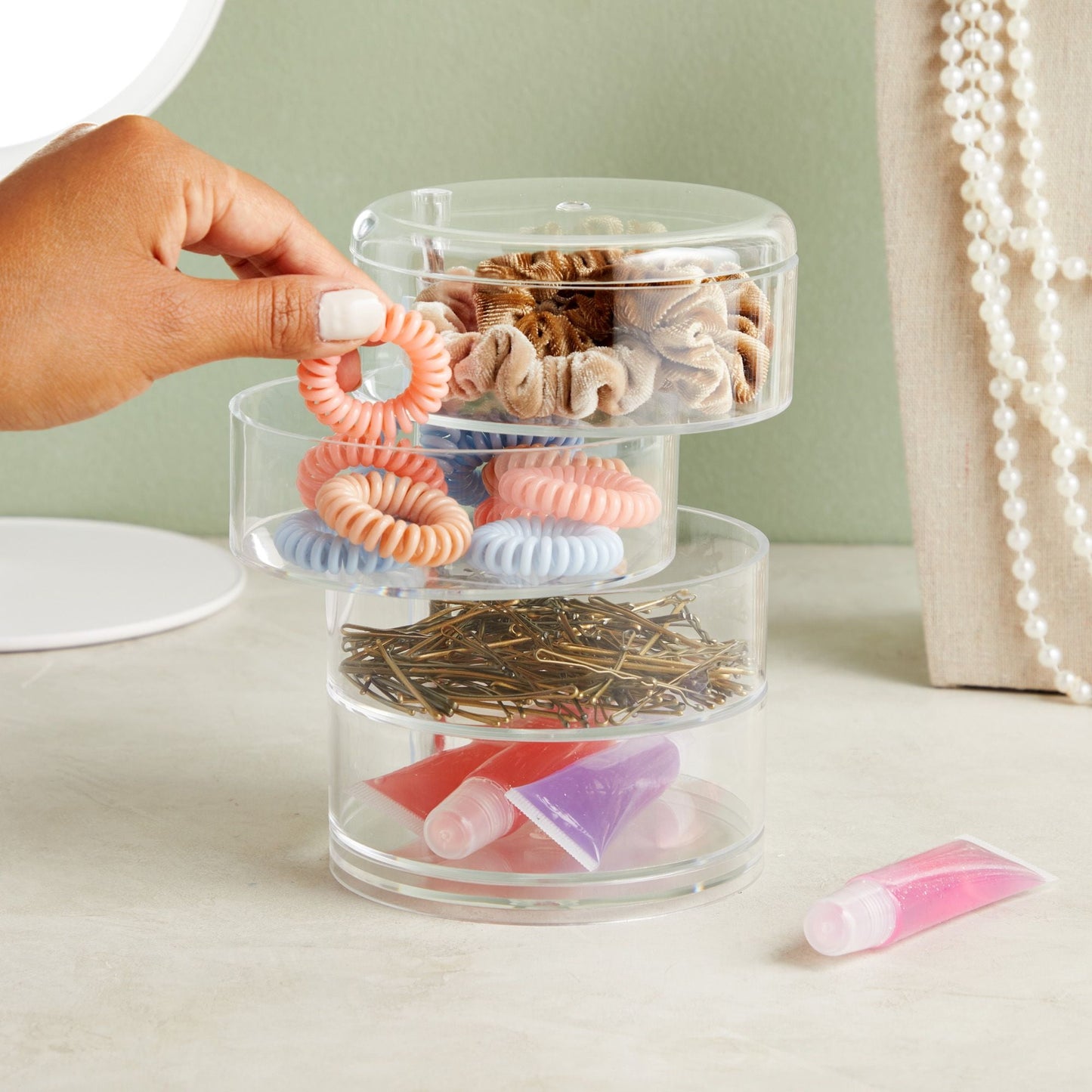 4-Tier Stackable Hair Accessories Organizer | Clear 360° Holder for Ties, Bows & Clips