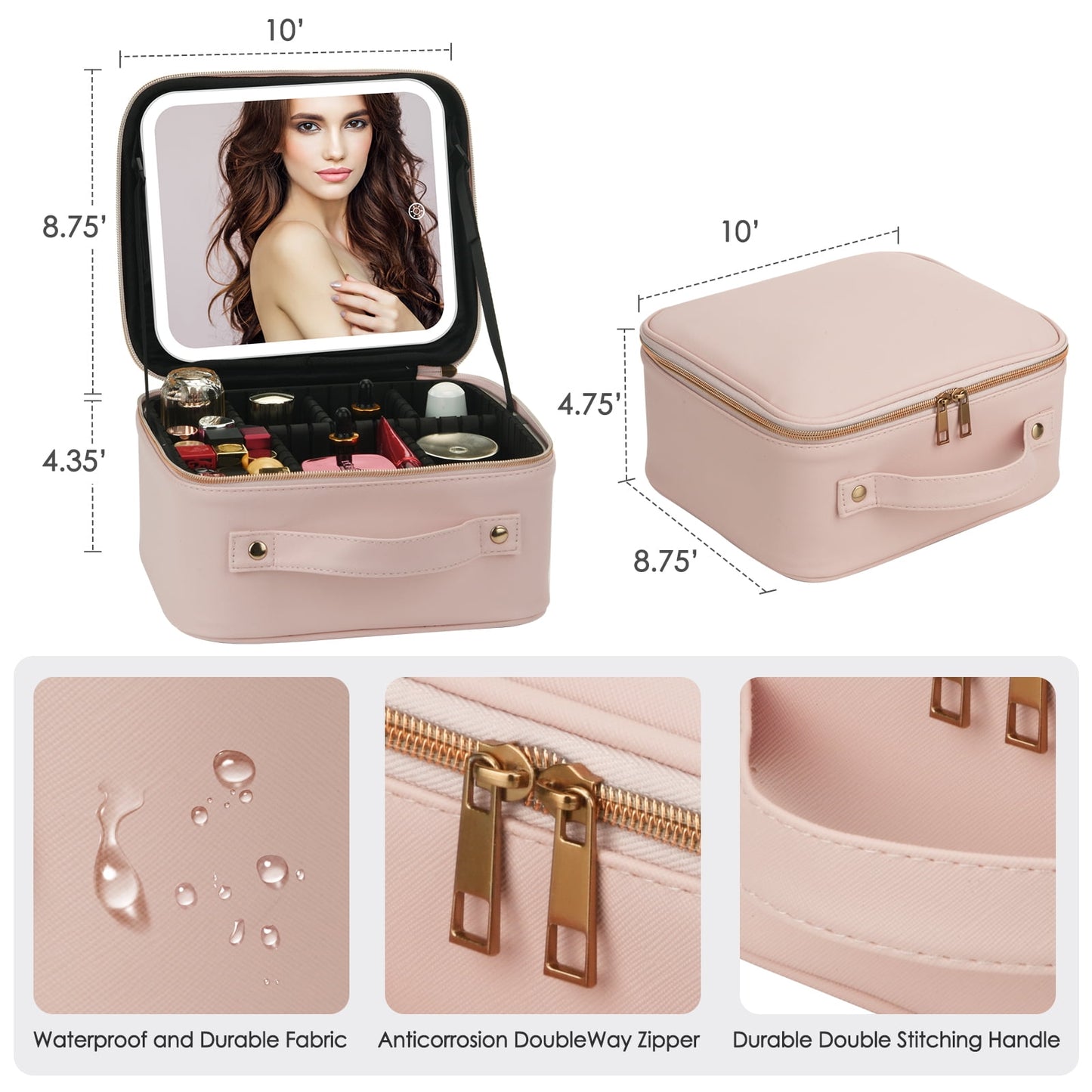 LED Mirror Cosmetic Organizer – Pink/Bronze | Adjustable Dividers, 8.75” x 4.75”