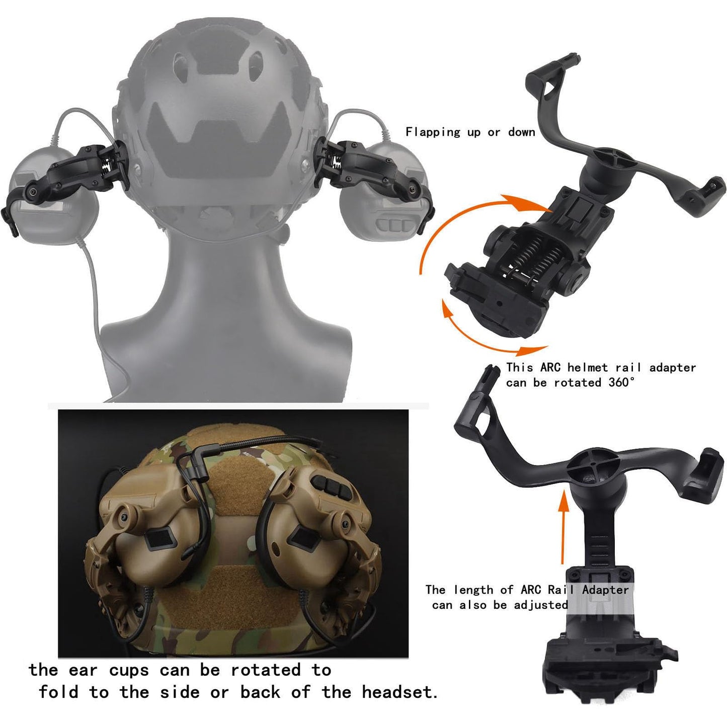 Hdlsina Tactical Shooting headset with U94 PTT 2pin and ARC Rail Adapter Noise Reduction & Sound Pickup Ear Protection (Black)