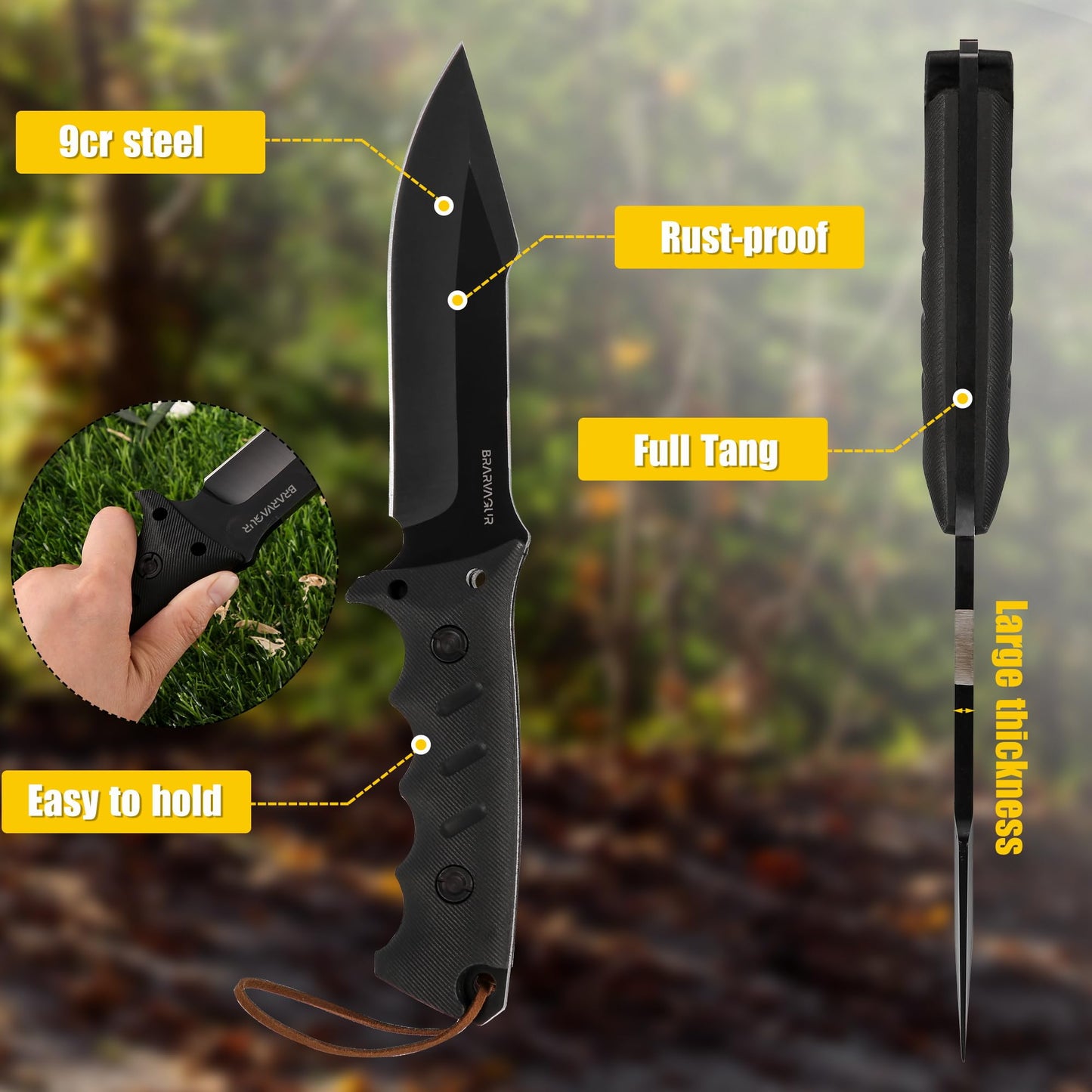 Brarvagur Fixed Blade Knife Full Tang with Kydex Sheath - Heavy Duty Outdoor Tactical Hunting Bushcraft Knives for Camping Adjustable Belt Clip (Heavygrip 4F)