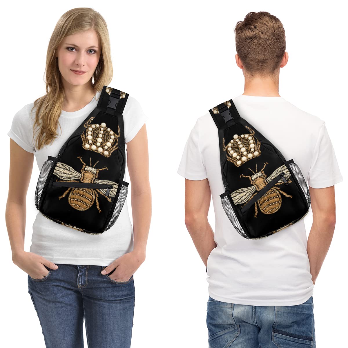 Bee Pattern Sling Bag Crossbody Sling Backpack Water Resistant Shoulder Bag Outdoor Travel Hiking Chest Bag Daypack for Women Men Unisex
