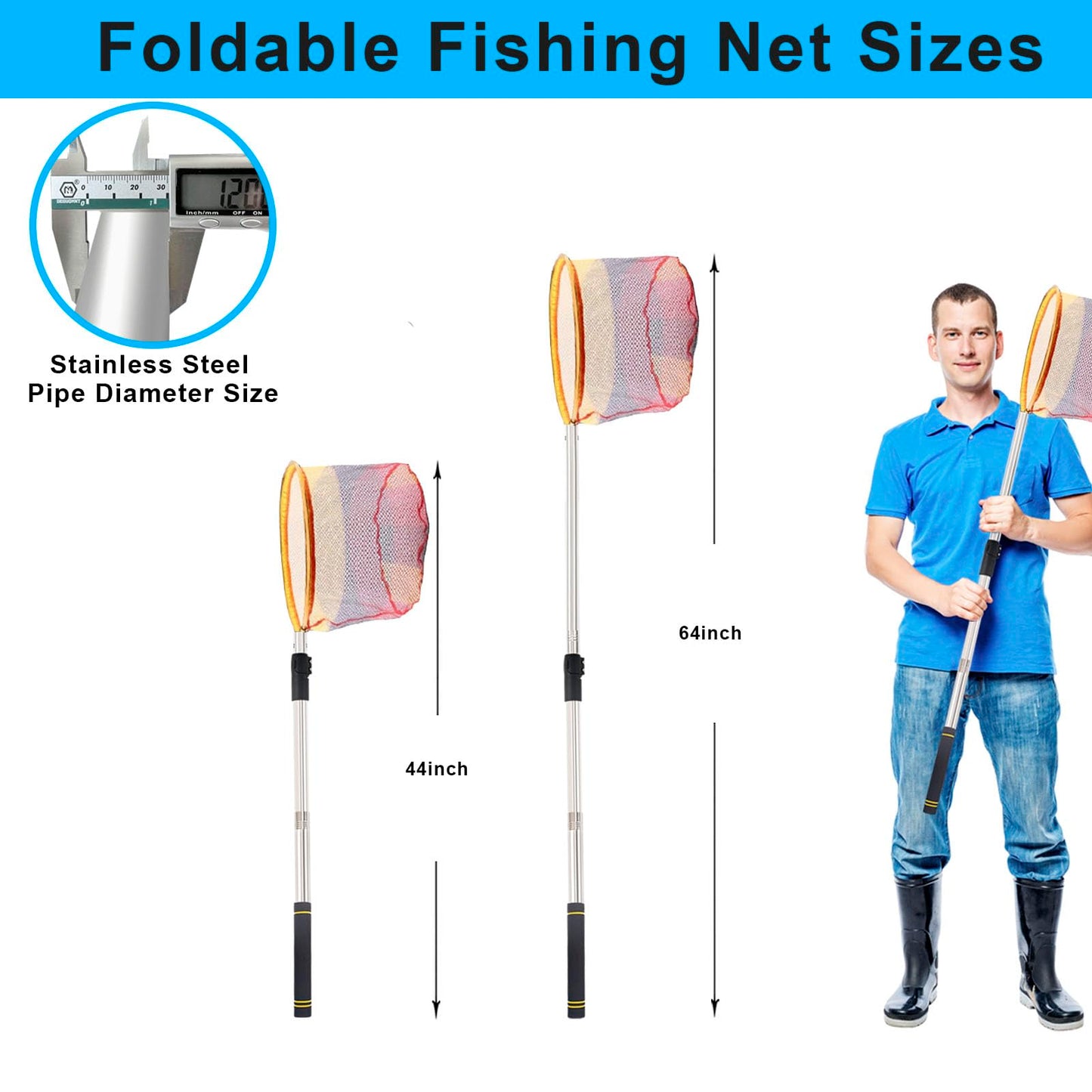 Greeily Fishing Landing Net, 44" to 64" Fishing Net Long Handle for Fishing with Telescopic Extension Pole for Kids Men Women Folding Sturdy Stainless Steel Tubes Comfortable Sponge Handle