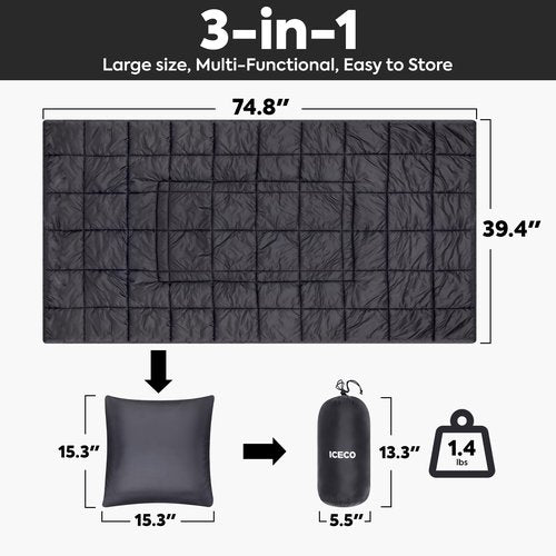 ICECO Camping Blanket, Travel Blanket Compact, Sustainable Insulated Outdoor Blanket, 500g Filling Cotton, Lightweight & Warm Quilt for Camping, Stadium, Travel, Hiking & Outdoor