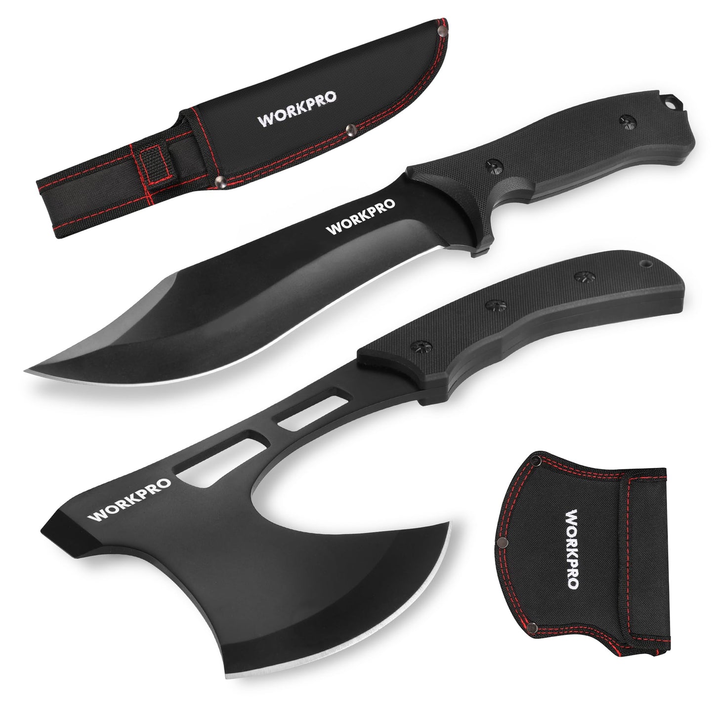 WORKPRO Hunting Knife and Hatchet Axe Combo Set - Full Tang Fixed Blade Tactical Knife and Camping Axe - Survival Knife and Camping Hatchet with Sheathes - Tactical Knife and Survival Axe for Men