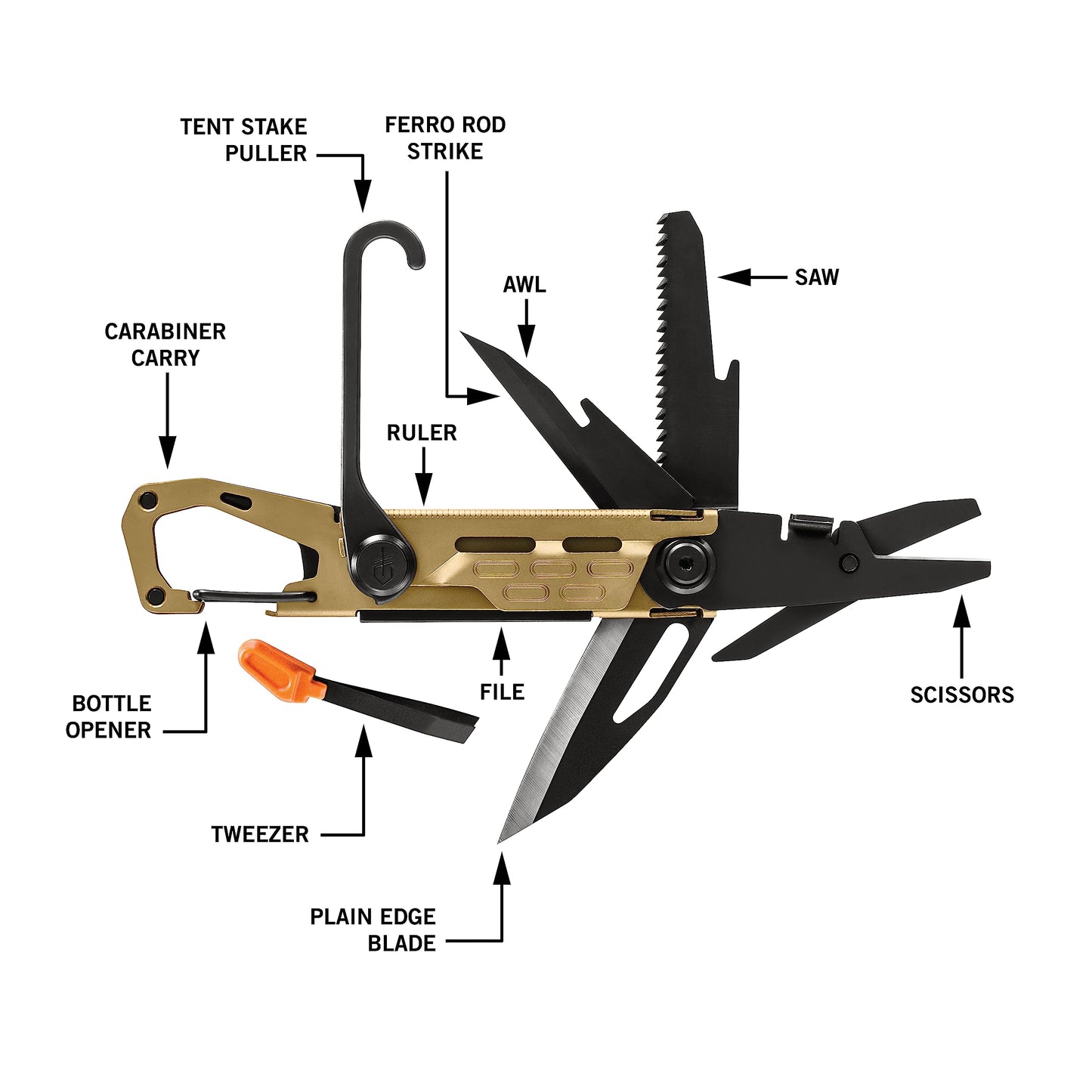 Gerber Gear Stake Out 11-in-1 Multi-tool - 2.2" Plain Edge Blade, Tent Stake Puller, Carabiner Carry - EDC Gear and Equipment - Bronze