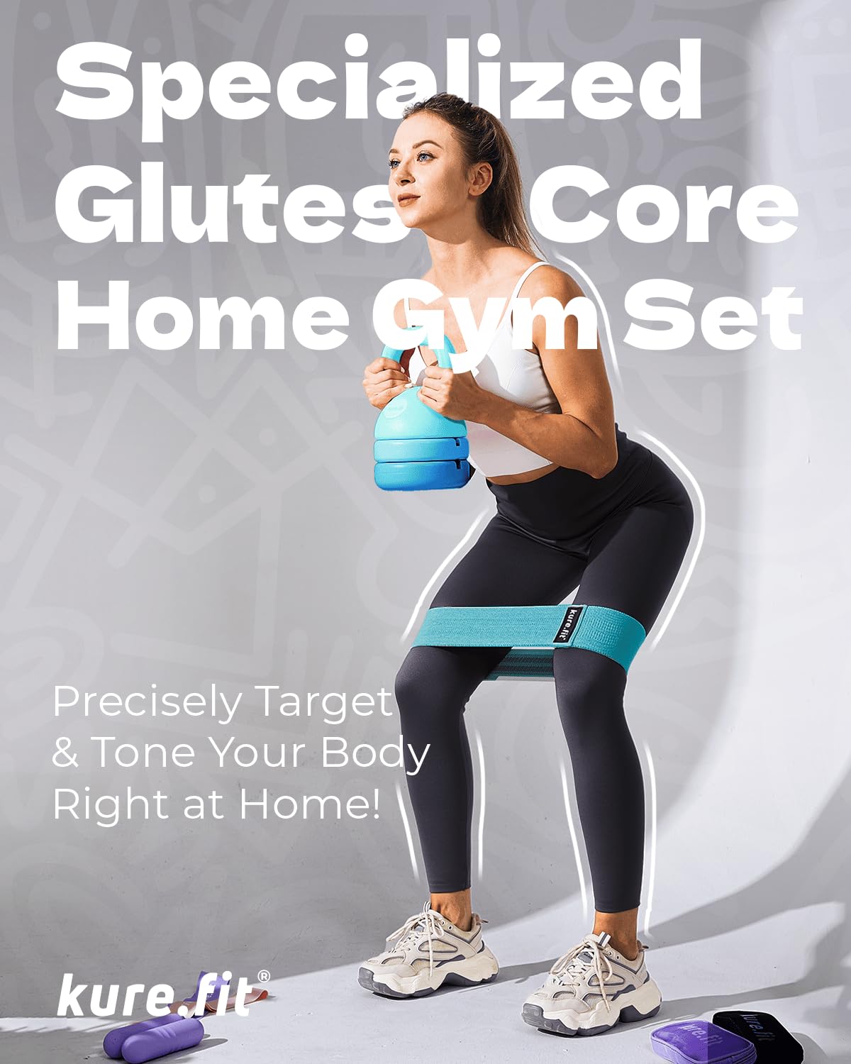 kure.fit Adjustable Kettlebell | 5 lb - 12 lb | Kettlebell Weights Set for Home Gym | Full-Body Workouts, Strength Training, Weight Loss | Fabric Booty Band | Beginners & Women | Teal Blue