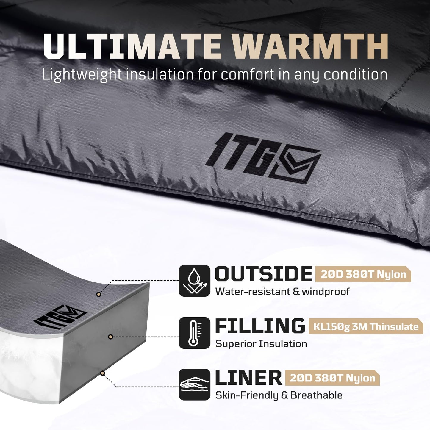 1TG Tactical Camping Blanket, Packable, Lightweight Warm Camp Quilt with Zipper, Multifunctional Outdoor Sleeping Blanket for Backpacking, Travel, Hammock - Gray
